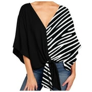 Plus Size Tops for Women 3/4 Batwing Sleeve V Neck Fashion Print Tees Shirts Tie Knot Front Casual Loose Summer Blouses