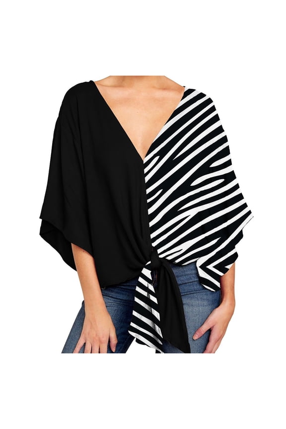 Plus Size Tops for Women 3/4 Batwing Sleeve V Neck Fashion Print Tees Shirts Tie Knot Front Casual Loose Summer Blouses