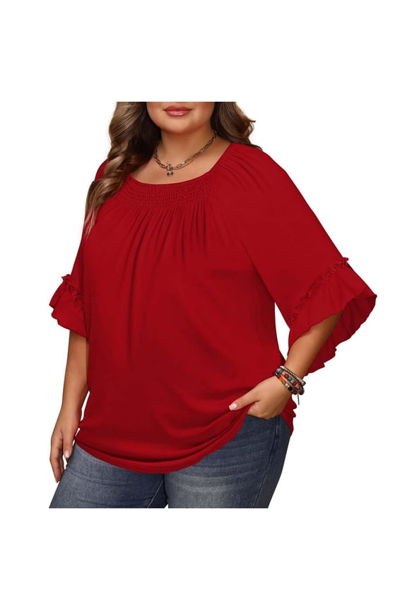 Plus Size Tops for Women 3/4 Flutter Sleeves Ruched Crew Neck Ruffle Loose Fit Tunic Blouses Red L-5XL