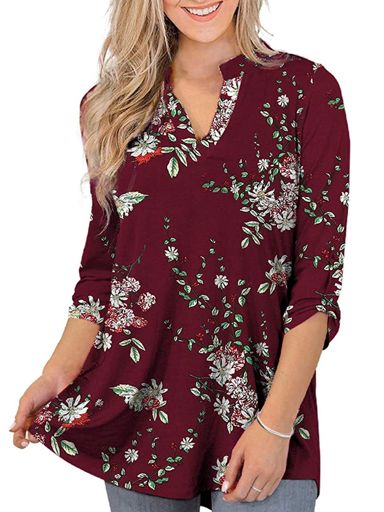 Plus Size Tops for Women 3/4 Roll Sleeve Floral Tunic Shirt Casual V ...