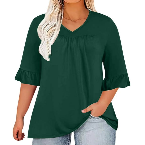 Plus Size Tops for Women 3/4 Ruffle Sleeve Casual V Neck Pleated T Shirt Loose Fit Solid Color Fashion Blouses