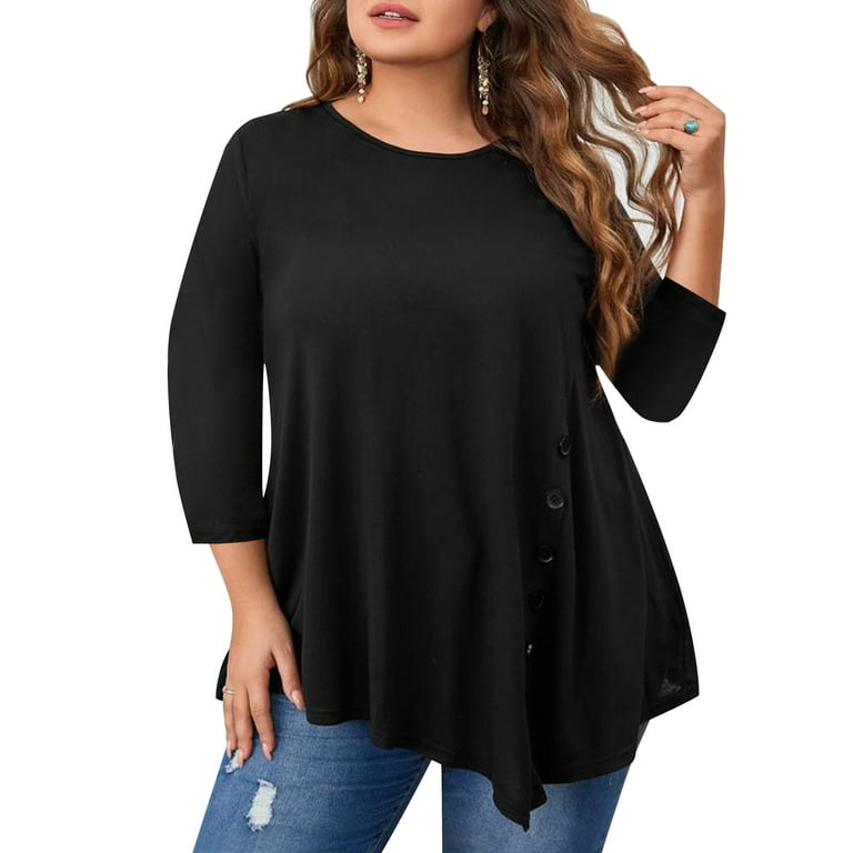 Plus Size Tops for Women 3/4 Sleeve Asymmetrical Shirts Loose Flowy Swing  Tunic Tops