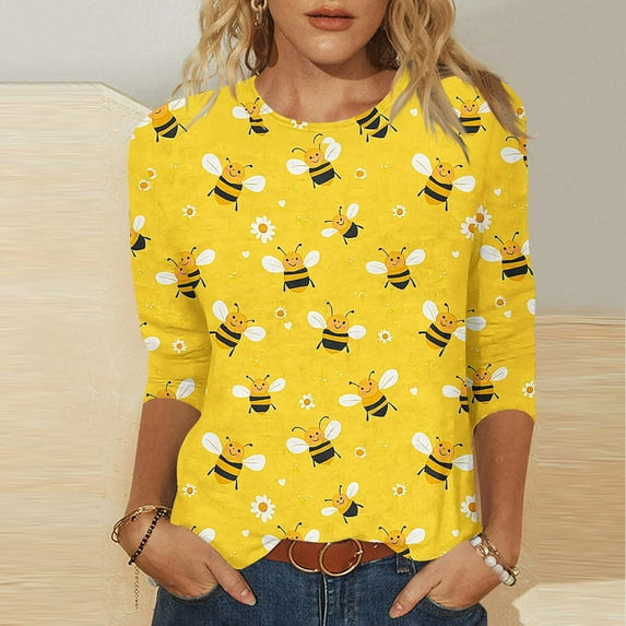 Plus Size Tops for Women 3/4 Sleeve Bee Flower Round-Neck Printing Loose Casual Blouses Yellow XXXL