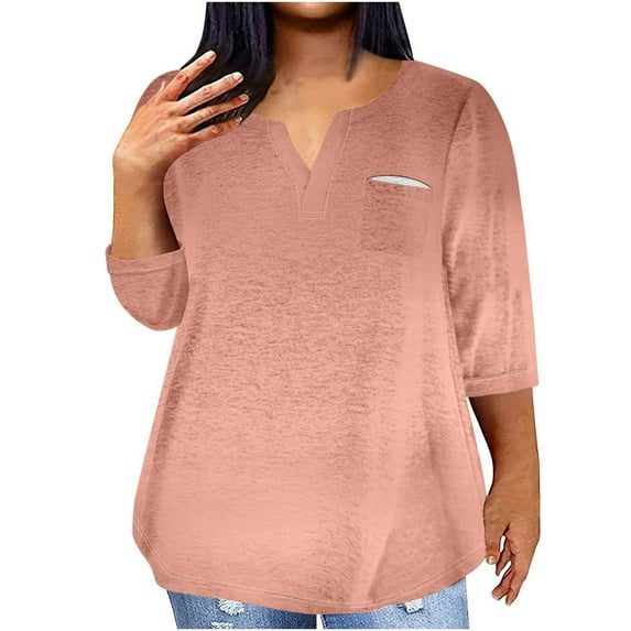 Plus Size Tops for Women 3/4 Sleeve Casual Loose V Neck Soft Shirts Solid Color Trendy Tee Tops Pink,XXXXXL
