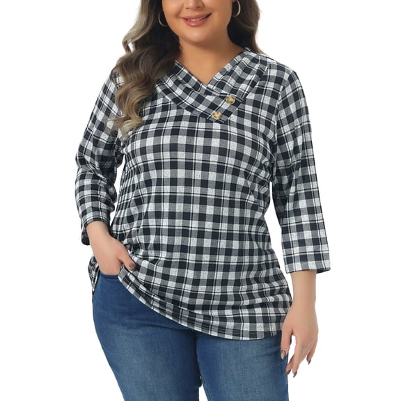 Plus Size Tops for Women 3/4 Sleeve Knit Striped Dressy Casual Blouse Asymmetric Neck Fashion t Shirt 2X Grey