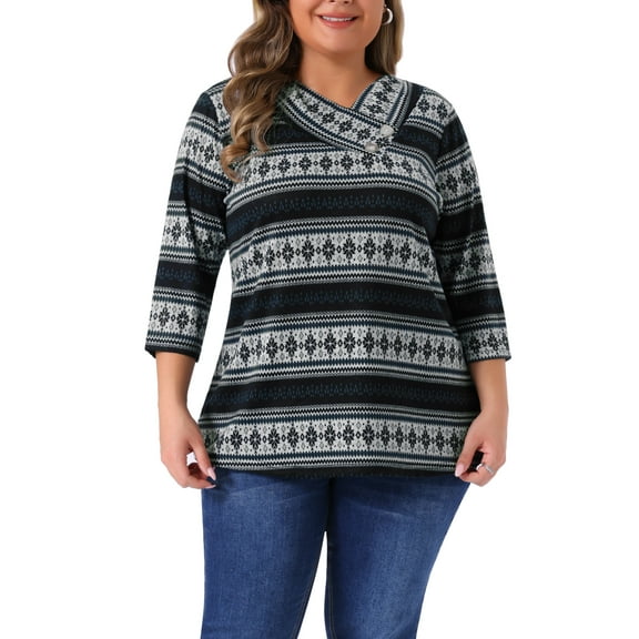 Plus Size Tops for Women 3/4 Sleeve Knit Striped Dressy Casual Blouse Asymmetric Neck Fashion t Shirt 3X Gray Black