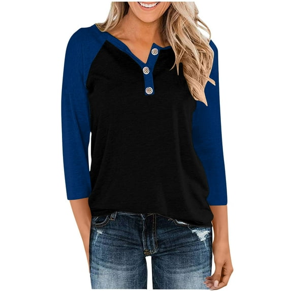 Plus Size Tops for Women 3/4 Sleeve Round Neck Color Block Loose Shirt Blue XXXL