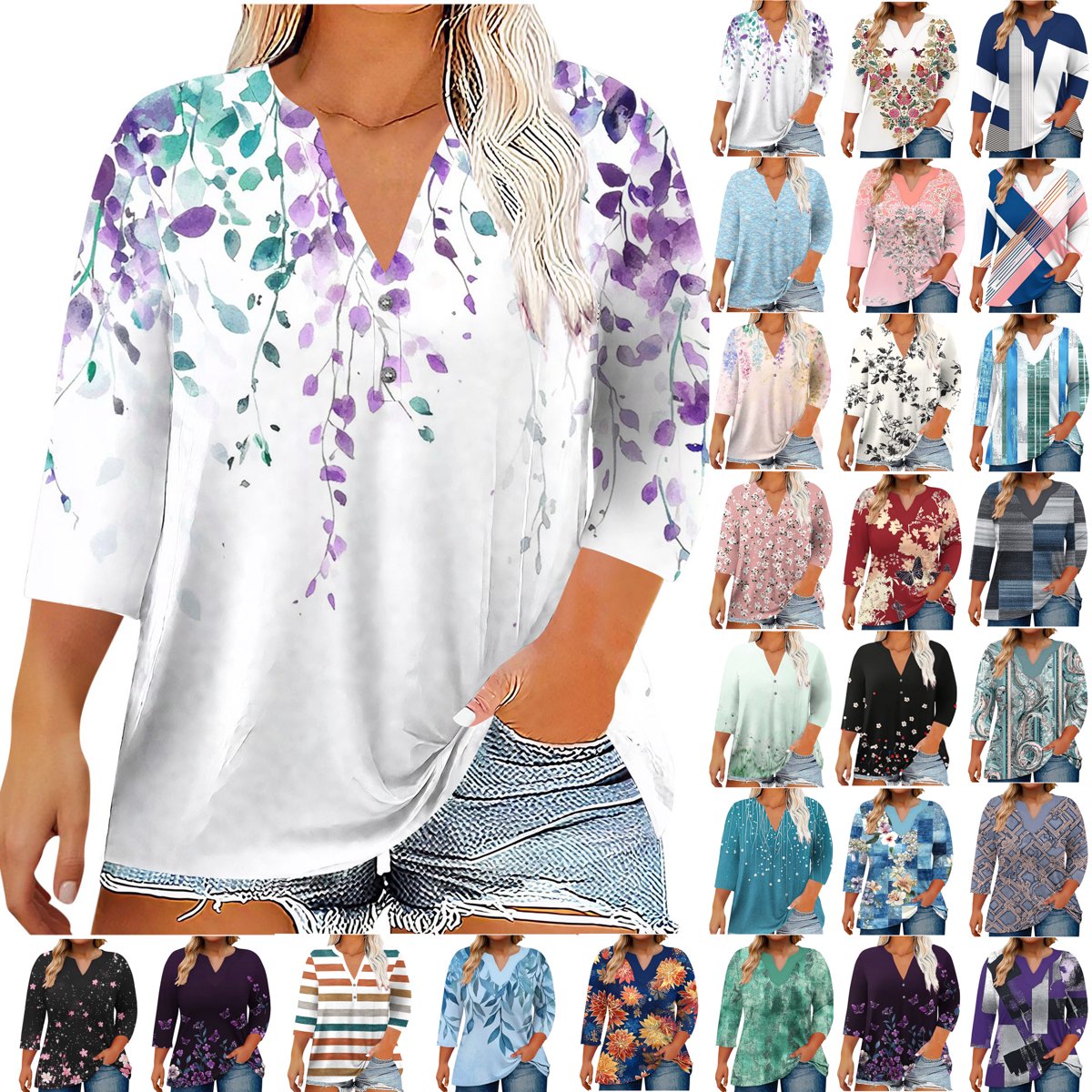 Plus Size Tops for Women 3/4 Sleeve Shirts Tunic Tops Casual Printed V-Neck Blouse Fashionable And Comfortable Top (Size:L-5XL)