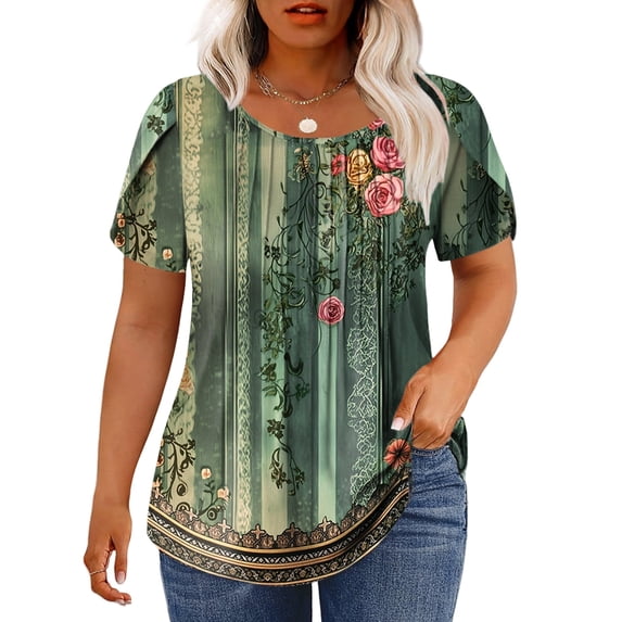 Plus Size Tops for Women 3X Summer Short Sleeve T Shirts Dressy Pleated Casual Fashion Round Neck Floral Tunics YH001