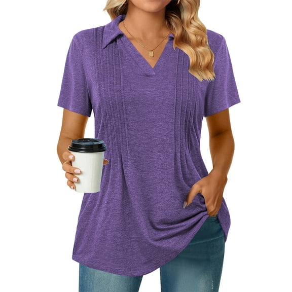 Plus Size Tops for Women 3X Summer V Neck Polo Tees Shirts Casual Pleated Short Sleeve Tunics Purple