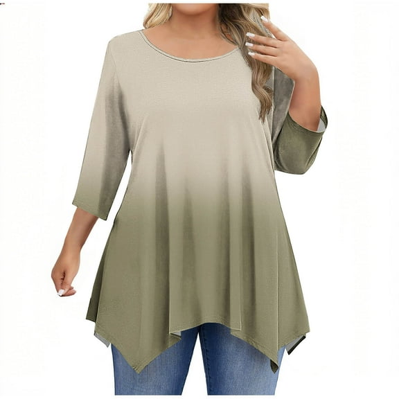 Plus Size Tops for Women Asymmetrical Hem Flowy Tunic Tee Shirt 3/4 Sleeve Crew Neck Casual Summer Fall Tshirts (4XL, Khaki)