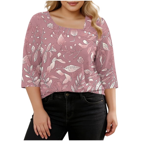 Plus Size Tops for Women Asymmetrical Square Neck with Button Detail Short Sleeve T-shirts Dressy Casual (L, Pink-Floral)
