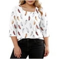 thumbnail image 1 of Plus Size Tops for Women Asymmetrical Square Neck with Button Detail Short Sleeve T-shirts Dressy Casual (XL, White-Feathers), 1 of 7
