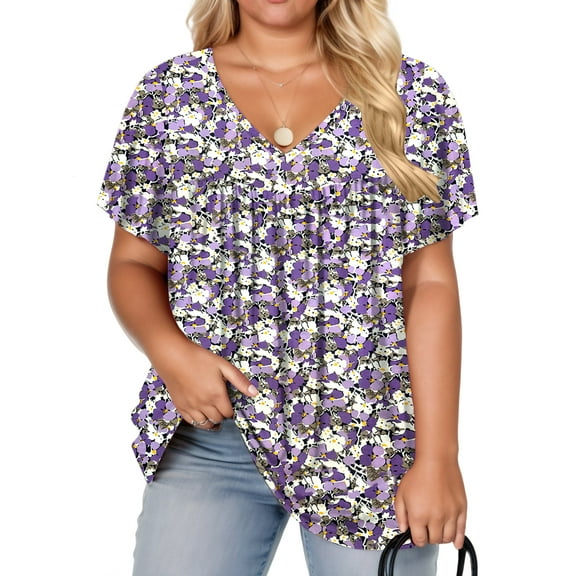 NISVIYA Plus Size Tops for Women Basic V Neck Flowy Pleated Summer Ruffle Sleeve Floral Print 2XL Tee YH006
