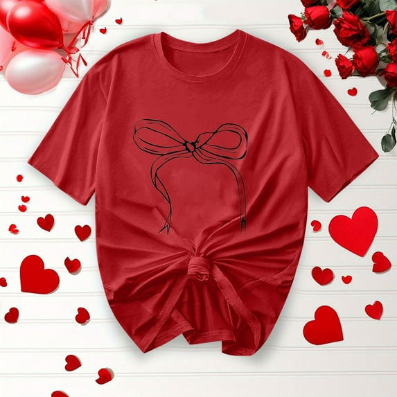 Plus Size Tops for Women Bow Ribbon Short-Sleeved Printed Round Neck Casual T-Shirt Red 2XL