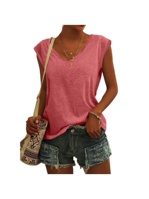 Plus Size Tops for Women Cap Sleeve Tank Casual Loose Fit Basic Solid Color T Shirts Watermelon Red S