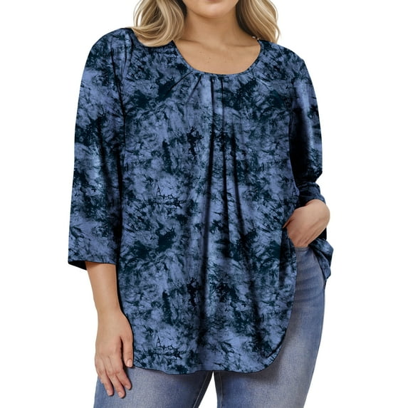 Plus Size Tops for Women Casual 3/4 Sleeve Blouses Loose Fit Pleated Tie-Dye Blue Shirt