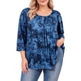 thumbnail image 1 of Plus Size Tops for Women Casual 3/4 Sleeve Blouses Loose Fit Pleated Tie-Dye Blue Shirt, 1 of 8