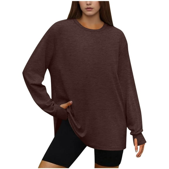 Plus Size Tops for Women Casual Loose Solid Color Fall Blouses Crewneck Long Sleeve Pullover Tops