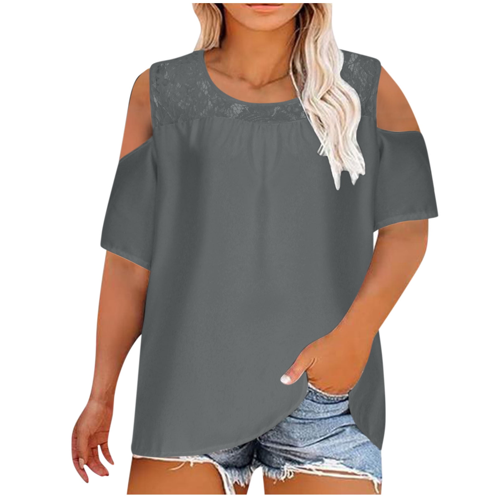 Plus Size Tops for Women Casual Summer Lace Cold Shoulder Short Sleeve ...