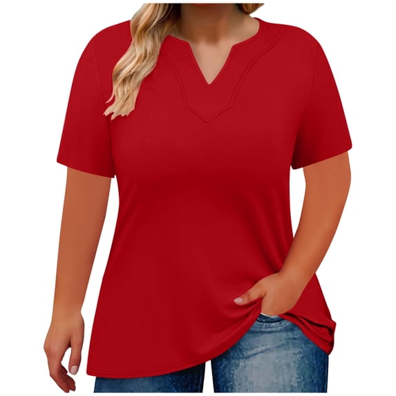 Plus Size Tops for Women Casual Summer T Shirts V Neck Short Sleeve Oversized Loose Fit Tunics Top (L, Red)