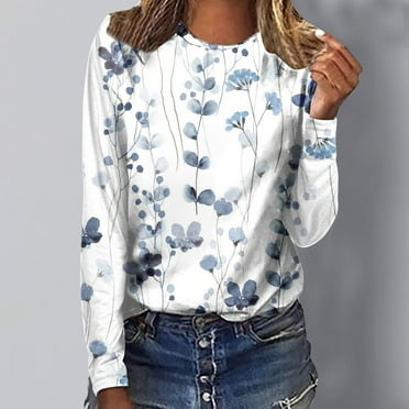 Plus Size Tops for Women Clearance Long Sleeve Round Neck Loose Casual Print T-Shirts Navy 2XL