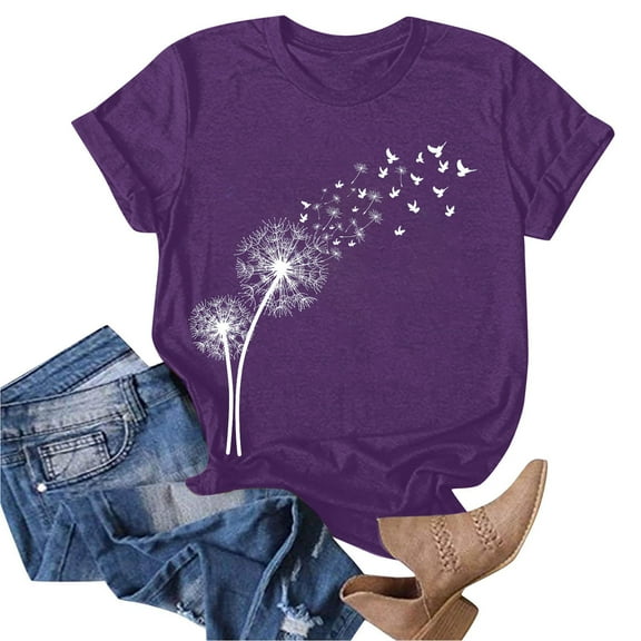 Plus Size Tops for Women under $5 Short Sleeve Round Neck Print Out Blouse T-Shirt Purple 2XL