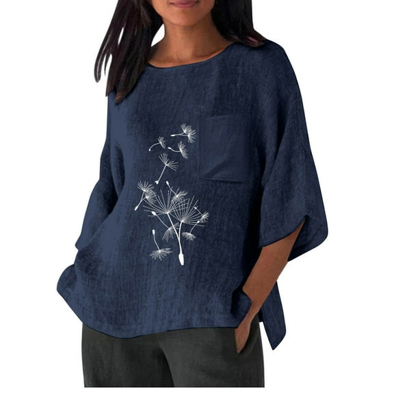 Plus Size Tops for Women Cotton Linen Shirt 3/4 Sleeve Round Neck T-Shirt Loose Casual Shirt Lightweight Trendy Summer Fall Tops,Blue,L