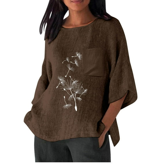 Plus Size Tops for Women Cotton Linen Shirt 3/4 Sleeve Round Neck T-Shirt Loose Casual Shirt Lightweight Trendy Summer Fall Tops,Brown,M