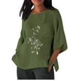 thumbnail image 1 of Plus Size Tops for Women Cotton Linen Shirt 3/4 Sleeve Round Neck T-Shirt Loose Casual Shirt Lightweight Trendy Summer Fall Tops,Green,M, 1 of 3