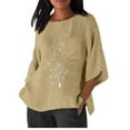 thumbnail image 1 of Plus Size Tops for Women Cotton Linen Shirt 3/4 Sleeve Round Neck T-Shirt Loose Casual Shirt Lightweight Trendy Summer Fall Tops,Khaki,M, 1 of 3