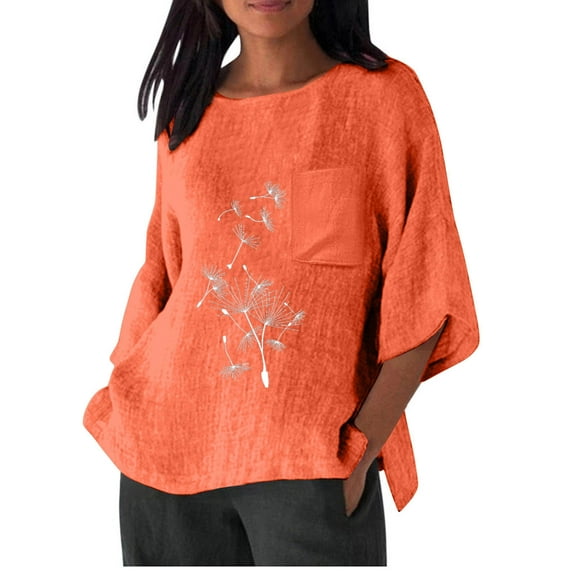 Plus Size Tops for Women Cotton Linen Shirt 3/4 Sleeve Round Neck T-Shirt Loose Casual Shirt Lightweight Trendy Summer Fall Tops,Orange,L