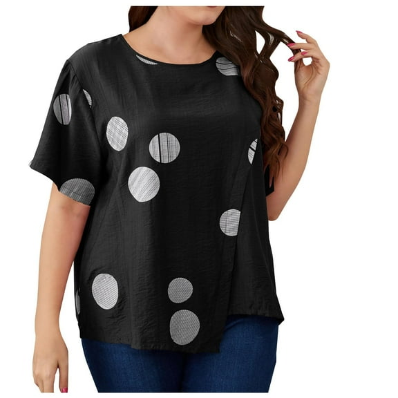 Plus Size Tops for Women Crewneck Short Sleeve Printed Cotton Linen Shirts Casual Baggy Comfy Summer Blouses Tee