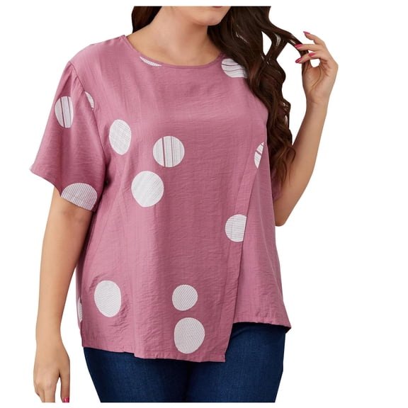 Plus Size Tops for Women Crewneck Short Sleeve Printed Cotton Linen Shirts Casual Baggy Comfy Summer Blouses Tee