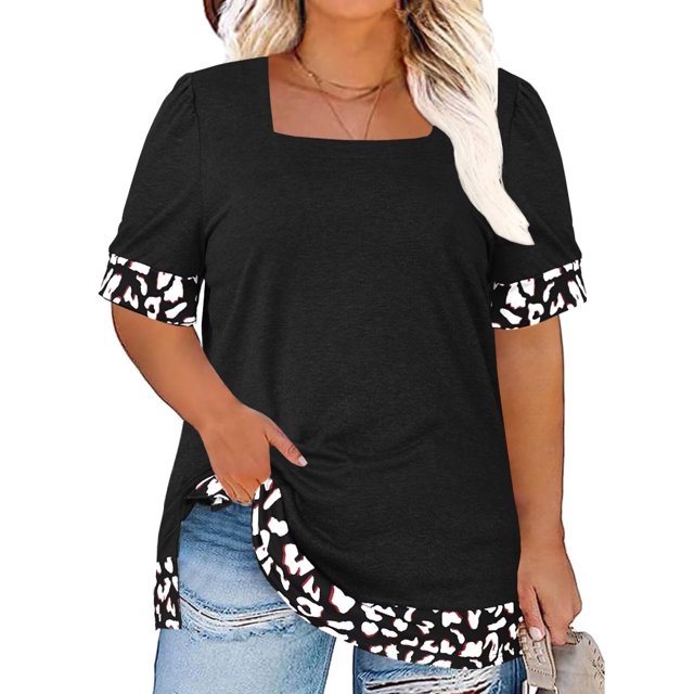 Plus Size Tops for Women Cute Summer Square Neck Casual Short Sleeve Tee Shirts Loose Fit Color  Cow Print Tunic