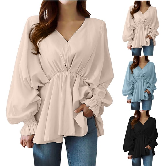 Plus Size Tops for Women Dressy Casual Puffy Sleeve Ruffled Hem Skirt Blouse Trendy Solid V Neck Flowy Holiday Shirts