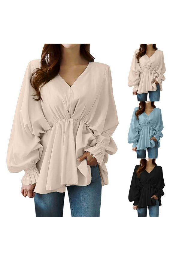 Plus Size Tops for Women Dressy Casual Puffy Sleeve Ruffled Hem Skirt Blouse Trendy Solid V Neck Flowy Holiday Shirts