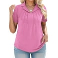 thumbnail image 1 of Plus Size Tops for Women Dressy Comfy Pleated Shirts Lightweight Polo Tees Ladies Short Sleeve V-Neck Blouses 3X Pink, 1 of 5