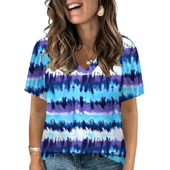 Plus Size Tops for Women Dressy Short Sleeve Tshirts Summer V Neck Fashion Casual Tie Dye Blouses 2X YH004
