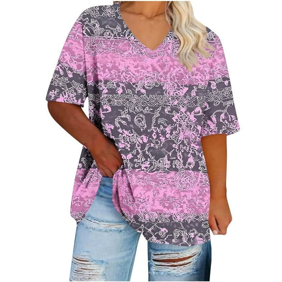 Plus Size Tops for Women Dressy V Neck Short Sleeve Shirts Vintage Color Block Shirt Loose Fit Basic Tees Casual Going Out Tops Womens Shirts Summer