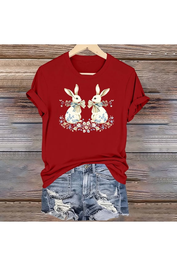 Plus Size Tops for Women Easter Bunny Casual Printed Round Neck Short Sleeved T-shirt Red XXXL