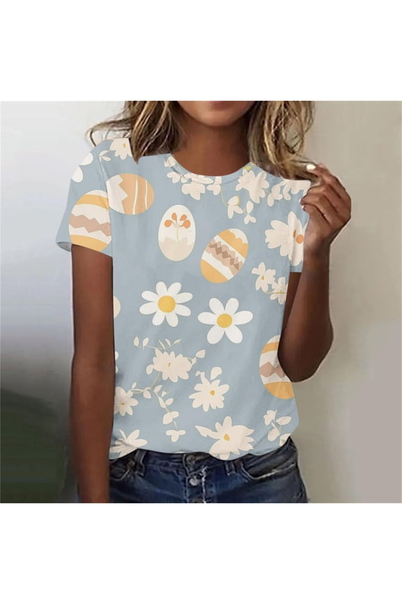 Plus Size Tops for Women Easter Bunny Short Sleeved Round Neck Casual Pullover Printed T-shirt Gray XXXL