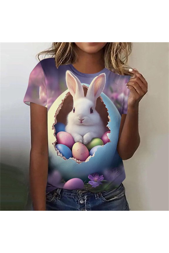 Plus Size Tops for Women Easter Bunny Short Sleeved Round Neck Casual Pullover Printed T-shirt Pink XXXL