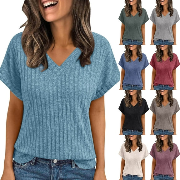 Plus Size Tops for Women Fashion V-Neck Solid Short Sleeve Casual Blouse Beach Vacation Clothes Travel Business Casual Outfits