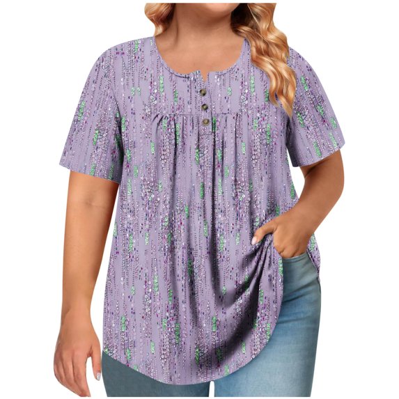 Plus Size Tops for Women Flowy Pleated Short Sleeve Crew Neck Button up Shirt Loose Floral Printed Blouses (XXXL, Purple)