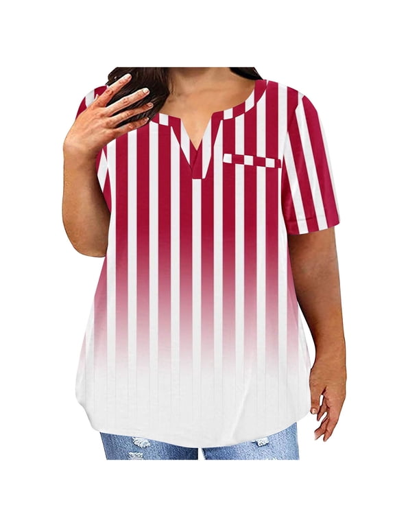 Plus Size Tops for Women Gradient Stripes Short Sleeve V-Neck Casual Loose Blouse Red 2XL