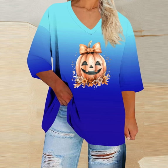 Plus Size Tops for Women Halloween Printed V-neck 3/4 Sleeve T-shirt Plus Loose Top Womens Tops Blue XXXXXL