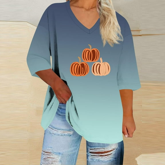Plus Size Tops for Women Halloween Printed V-neck 3/4 Sleeve T-shirt Plus Loose Top Womens Tops Green XXXL