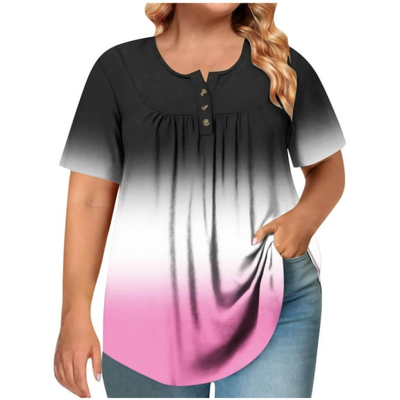 Plus Size Tops for Women Henley Short Sleeve Flowy Gradient T-Shirts Summer Loose Casual Color Block Tee (3XL, Watermelon Red)