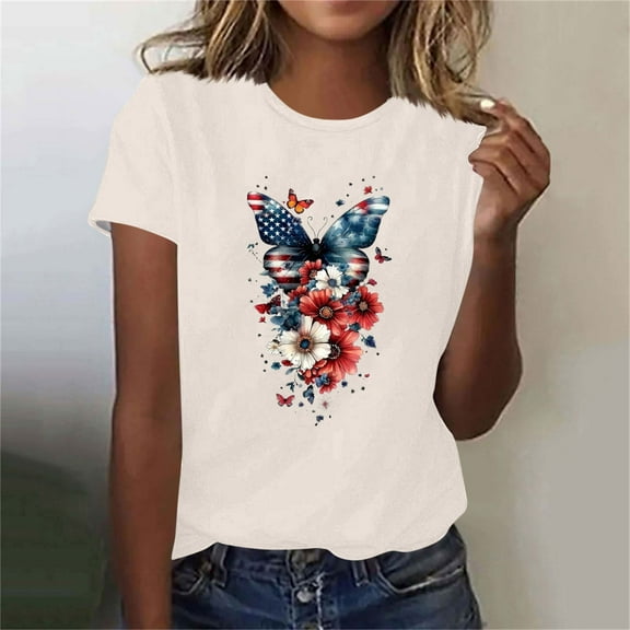 Plus Size Tops for Women Independence Day Printed Short Sleeved Round Neck Casual T-shirt Beige XL